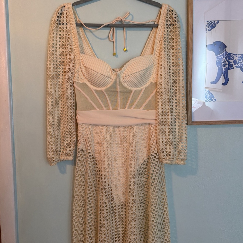 Cream Crochet Mesh Long Sleeve Dress with Corset Bodice